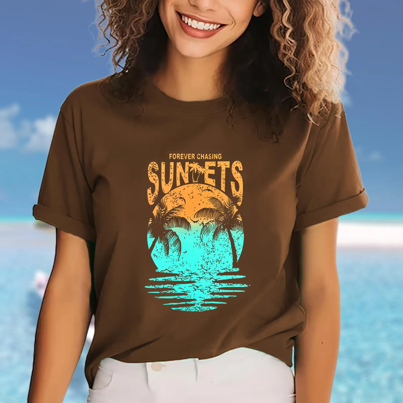 Hawaiian Shirts for Women Palm Trees Beach Graphic Tee Tops Summer Vacation Short Sleeve Tshirt Tops