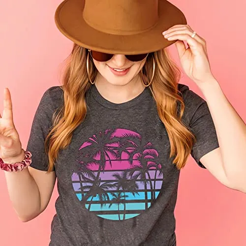 Hawaiian Shirts for Women Palm Trees Beach Graphic Tee Tops Summer Vacation Short Sleeve Tshirt Tops