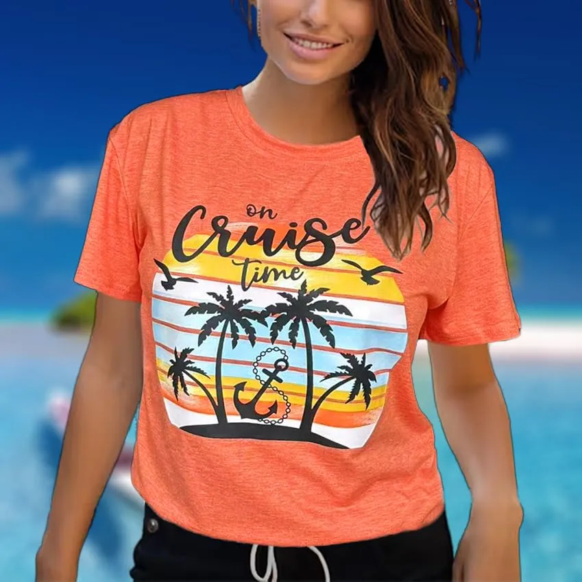 Hawaiian Shirts for Women Palm Trees Beach Graphic Tee Tops Summer Vacation Short Sleeve Tshirt Tops