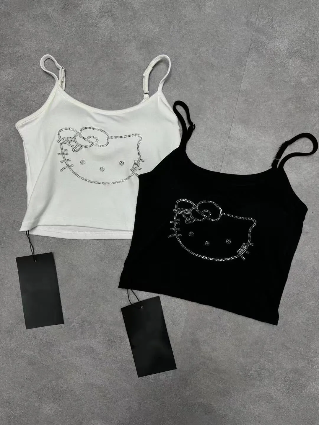 Hellokitty Rhinestone Camisoles Tops with Built in Padded Bra Basic Breathable Tank Top
