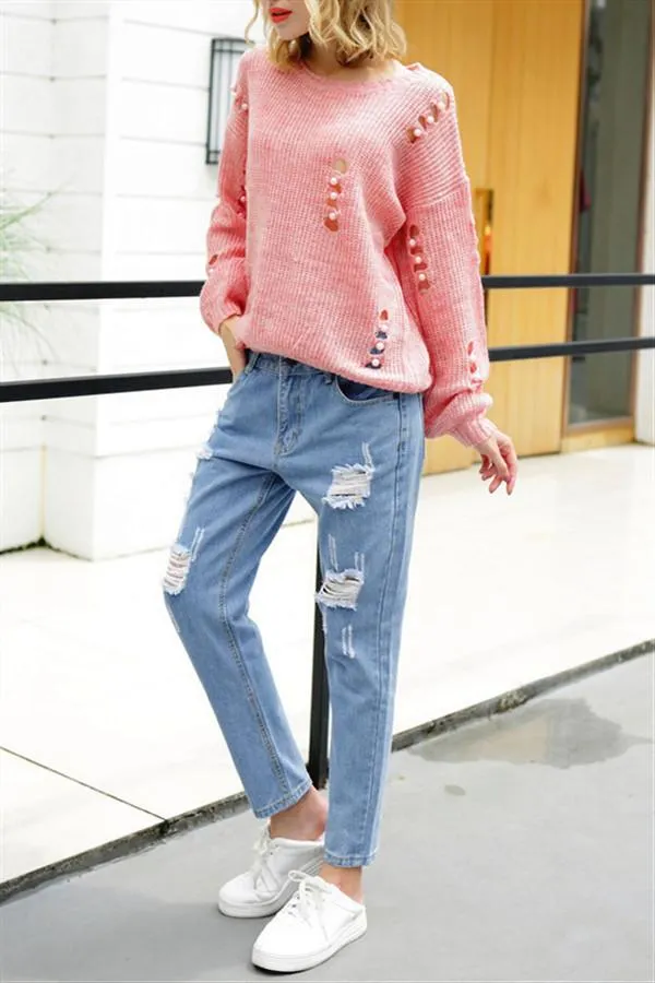Hollow Out Pearls Pullover