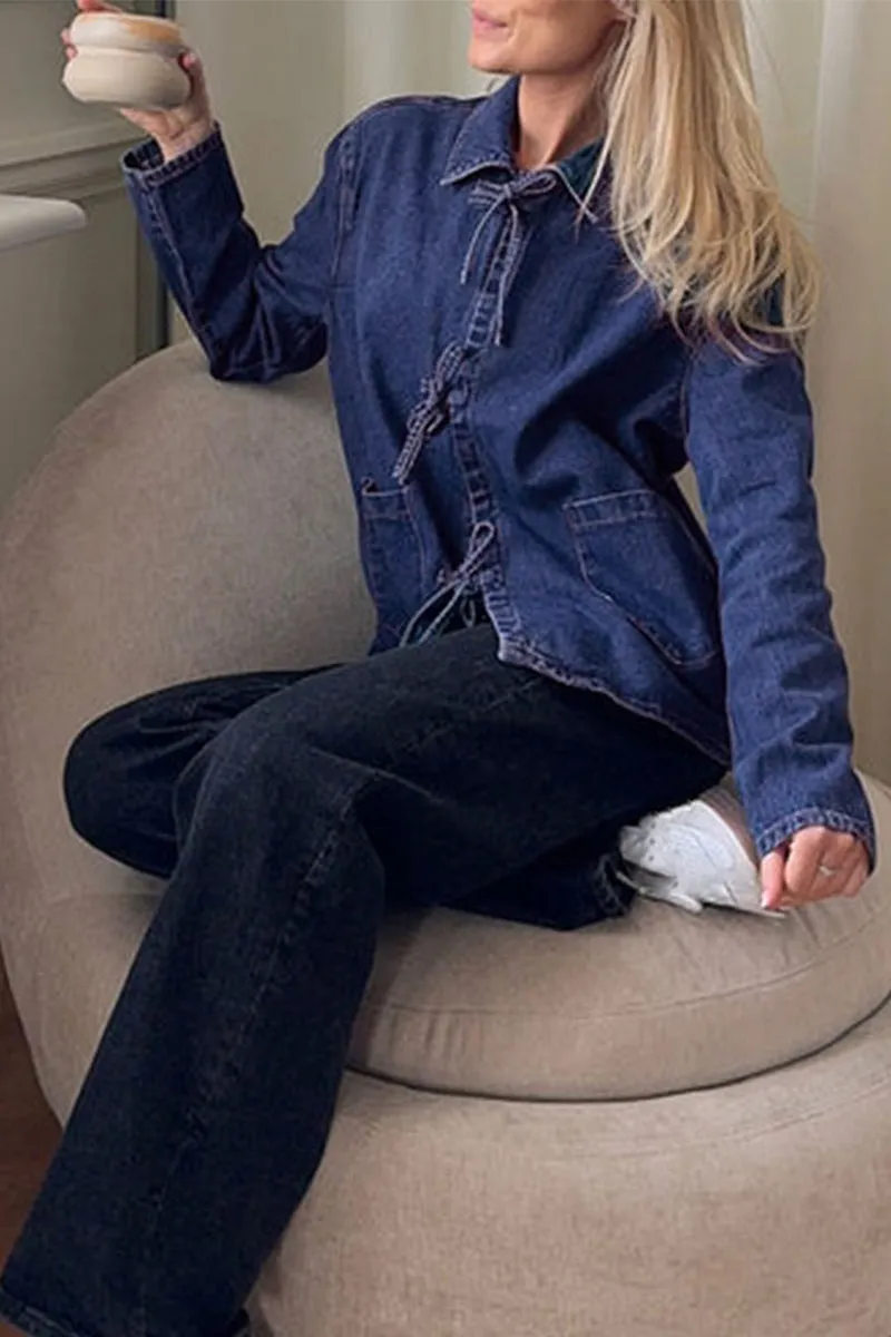 HTS1265 Casual Tie-Up Denim Jacket Top