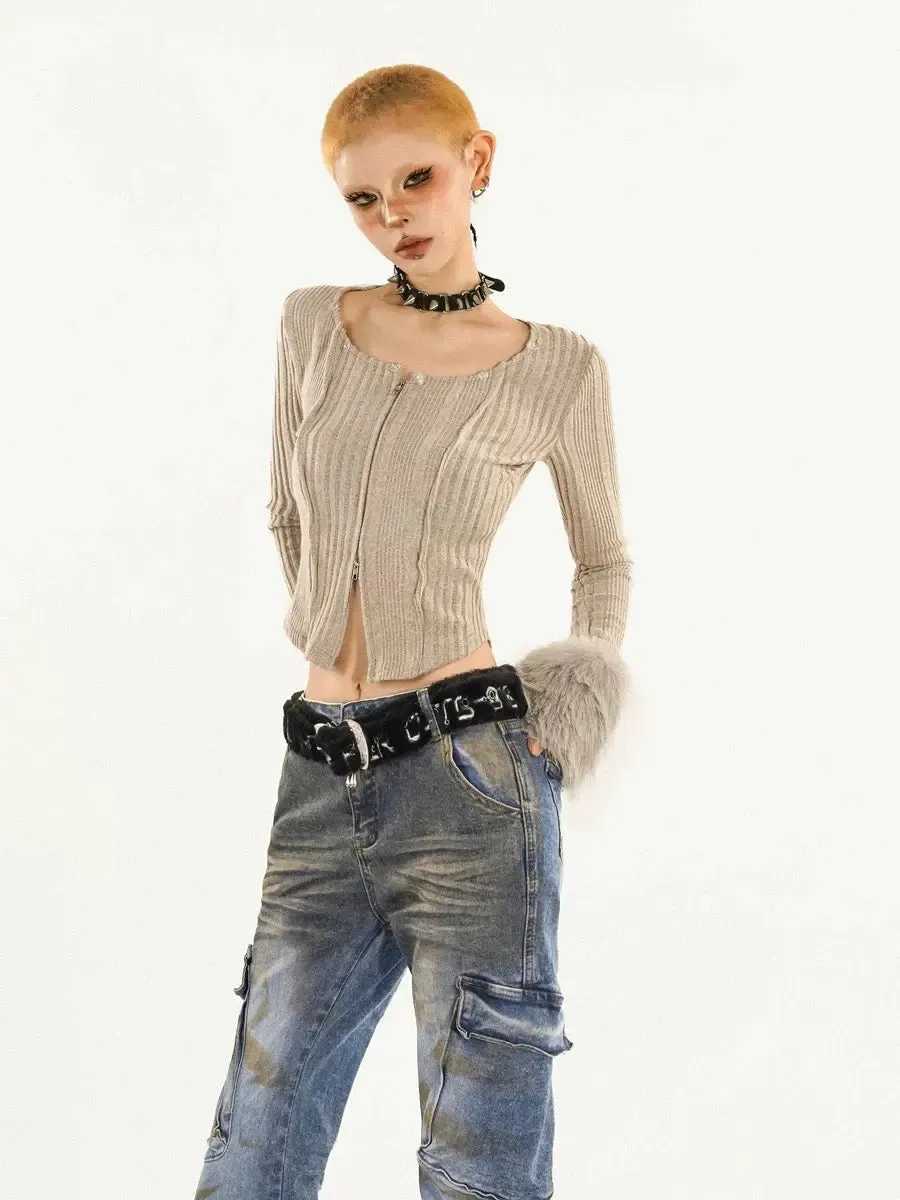 'Iced Frappe' Grey Snow Core Fur Collar Knitted Shirts