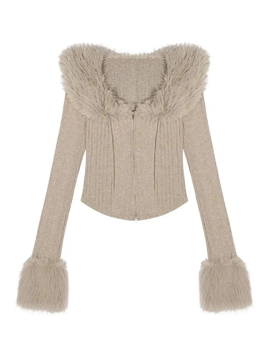 'Iced Frappe' Grey Snow Core Fur Collar Knitted Shirts
