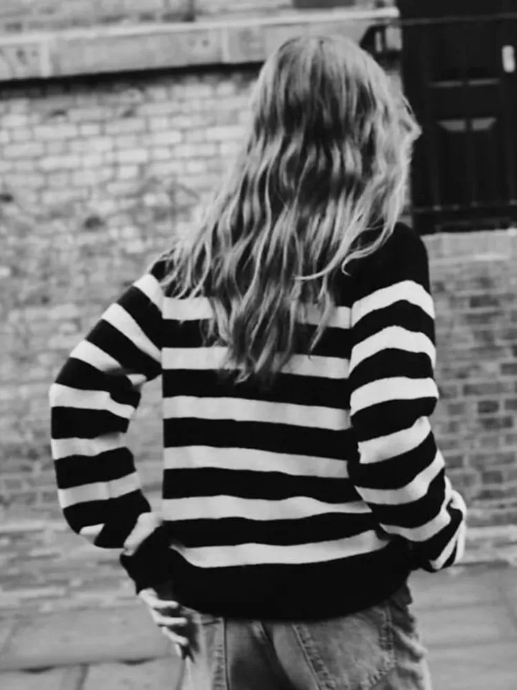 JazzHer Ladies Vintage Autumn Winter Sweater Women Pullovers Oversized Loose Zipper Striped Casual Knit Jumper Women Sweater Tops Female
