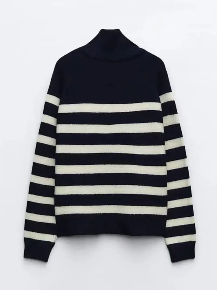 JazzHer Ladies Vintage Autumn Winter Sweater Women Pullovers Oversized Loose Zipper Striped Casual Knit Jumper Women Sweater Tops Female