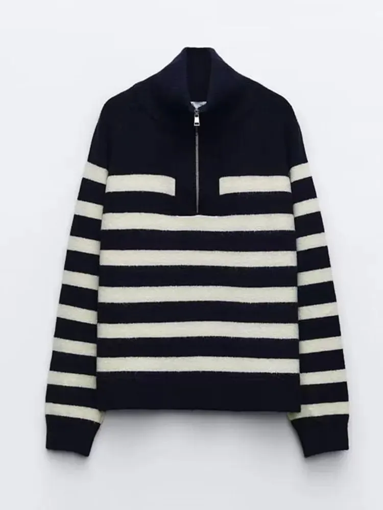 JazzHer Ladies Vintage Autumn Winter Sweater Women Pullovers Oversized Loose Zipper Striped Casual Knit Jumper Women Sweater Tops Female