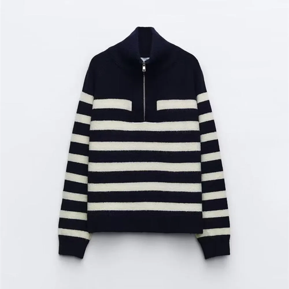 JazzHer Ladies Vintage Autumn Winter Sweater Women Pullovers Oversized Loose Zipper Striped Casual Knit Jumper Women Sweater Tops Female