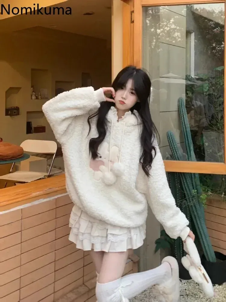 JazzHer Rabbit Ear Hooded Lamb Wool Hoodie Jacket for Women Sweet Thicked Y2k Tops Oversized Outwear Casual Fashion Lace Cute Sweatshirt