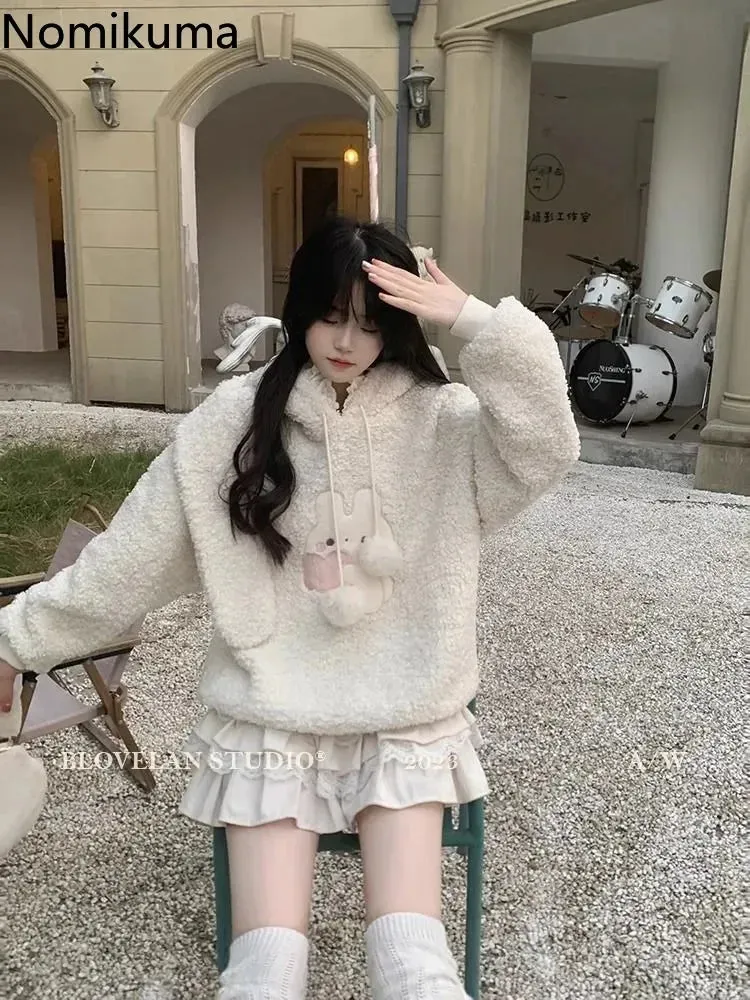 JazzHer Rabbit Ear Hooded Lamb Wool Hoodie Jacket for Women Sweet Thicked Y2k Tops Oversized Outwear Casual Fashion Lace Cute Sweatshirt