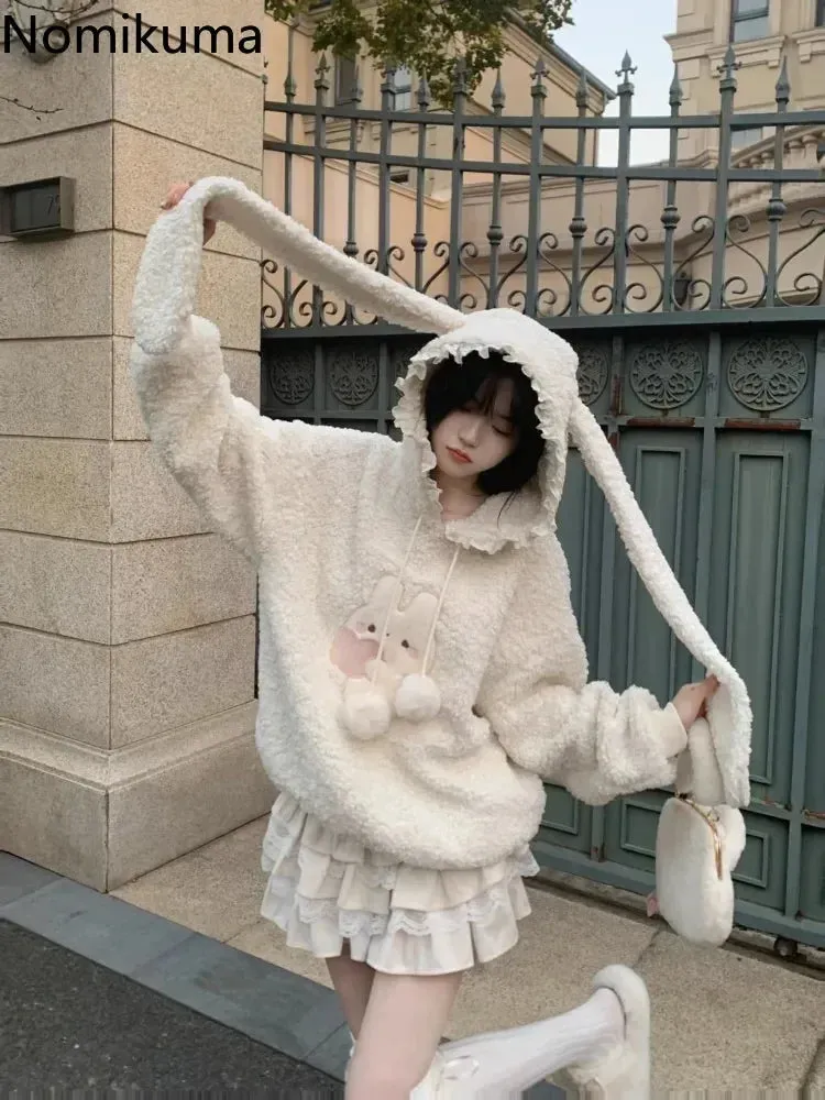 JazzHer Rabbit Ear Hooded Lamb Wool Hoodie Jacket for Women Sweet Thicked Y2k Tops Oversized Outwear Casual Fashion Lace Cute Sweatshirt