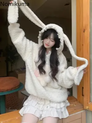 JazzHer Rabbit Ear Hooded Lamb Wool Hoodie Jacket for Women Sweet Thicked Y2k Tops Oversized Outwear Casual Fashion Lace Cute Sweatshirt