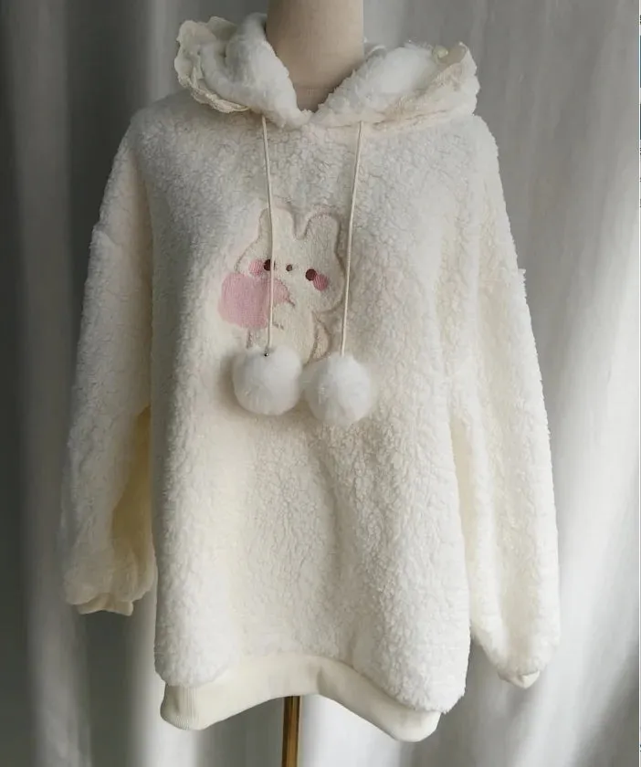 JazzHer Rabbit Ear Hooded Lamb Wool Hoodie Jacket for Women Sweet Thicked Y2k Tops Oversized Outwear Casual Fashion Lace Cute Sweatshirt
