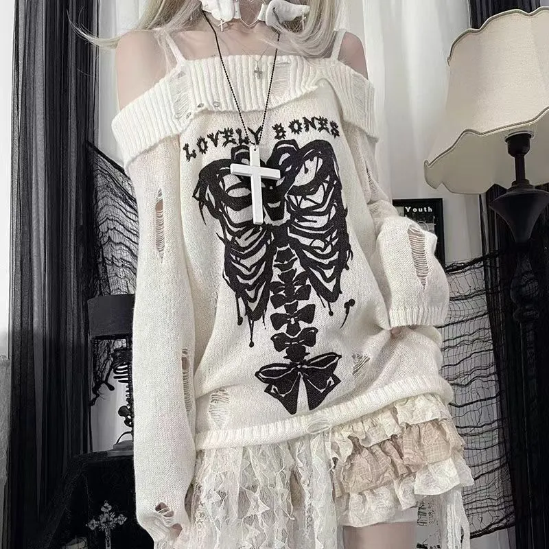 JazzHer Sweater Y2k Tops Punk Skull Gothic Women Clothes Winter Streetwear Hole Kawaii Loose Outerwears Pullovers Sweater Femme Clothing