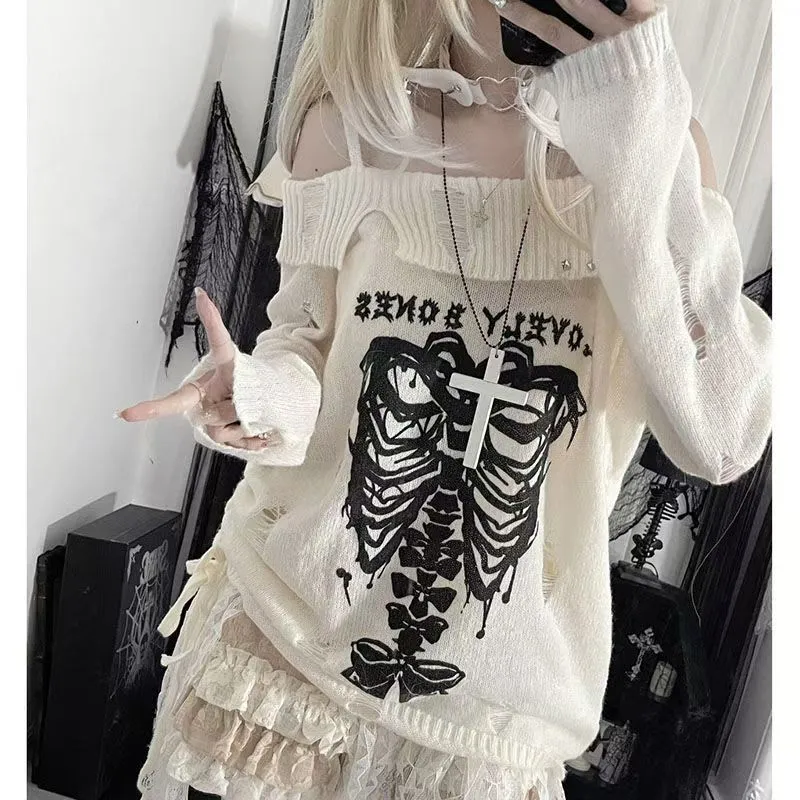JazzHer Sweater Y2k Tops Punk Skull Gothic Women Clothes Winter Streetwear Hole Kawaii Loose Outerwears Pullovers Sweater Femme Clothing