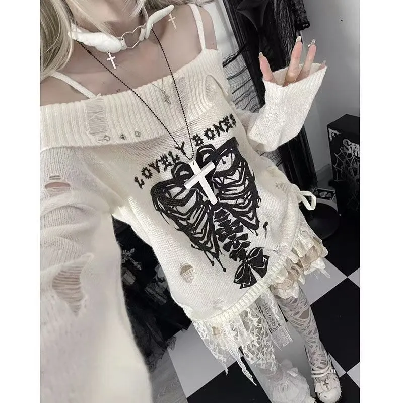 JazzHer Sweater Y2k Tops Punk Skull Gothic Women Clothes Winter Streetwear Hole Kawaii Loose Outerwears Pullovers Sweater Femme Clothing