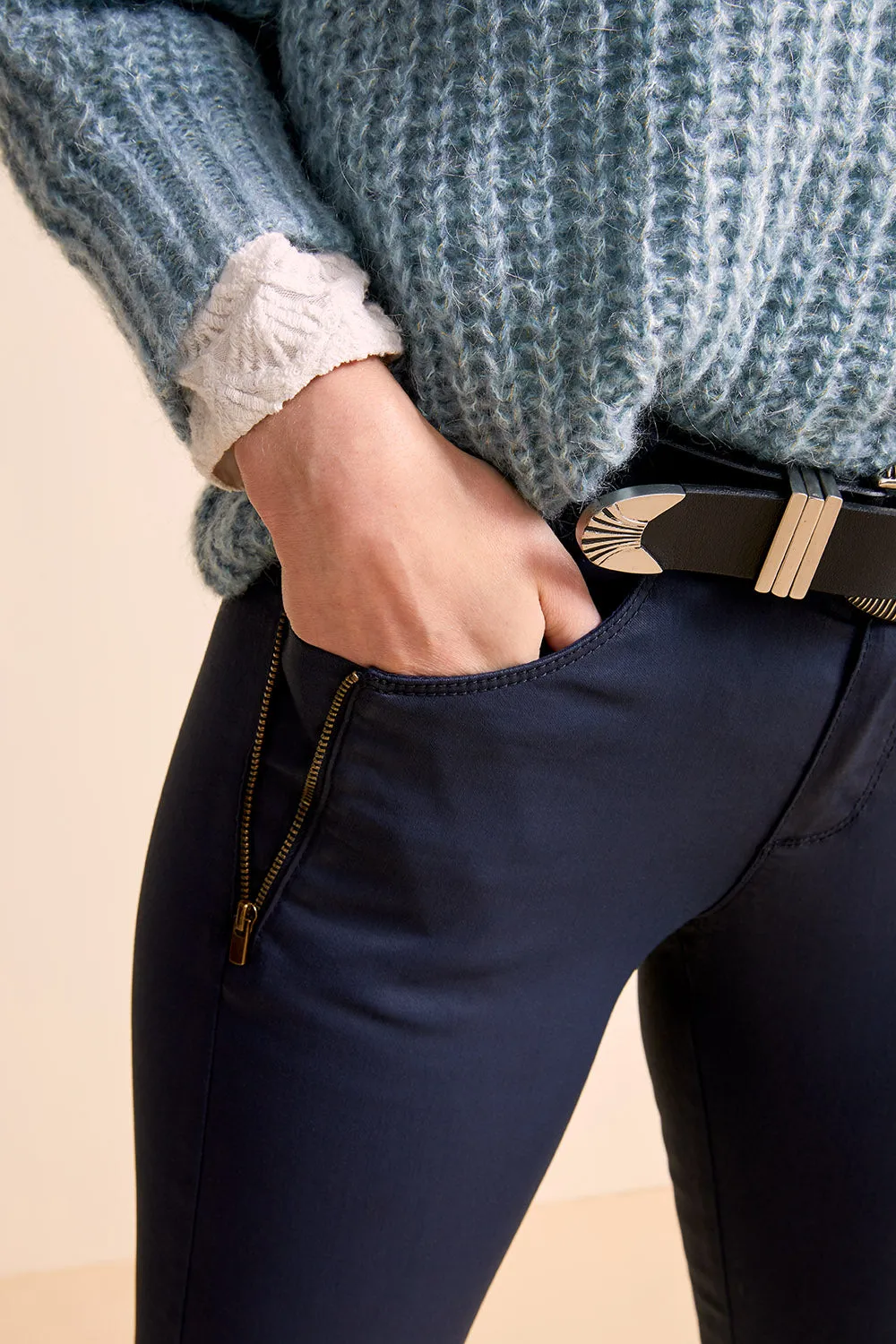 LE POSY - Jean slim marine enduit 7/8ème esprit biker