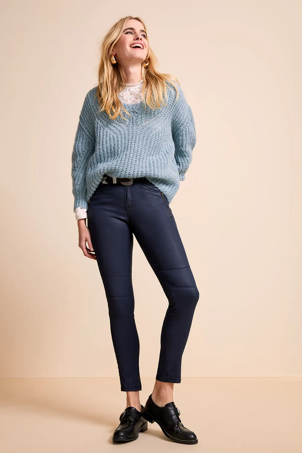 LE POSY - Jean slim marine enduit 7/8ème esprit biker