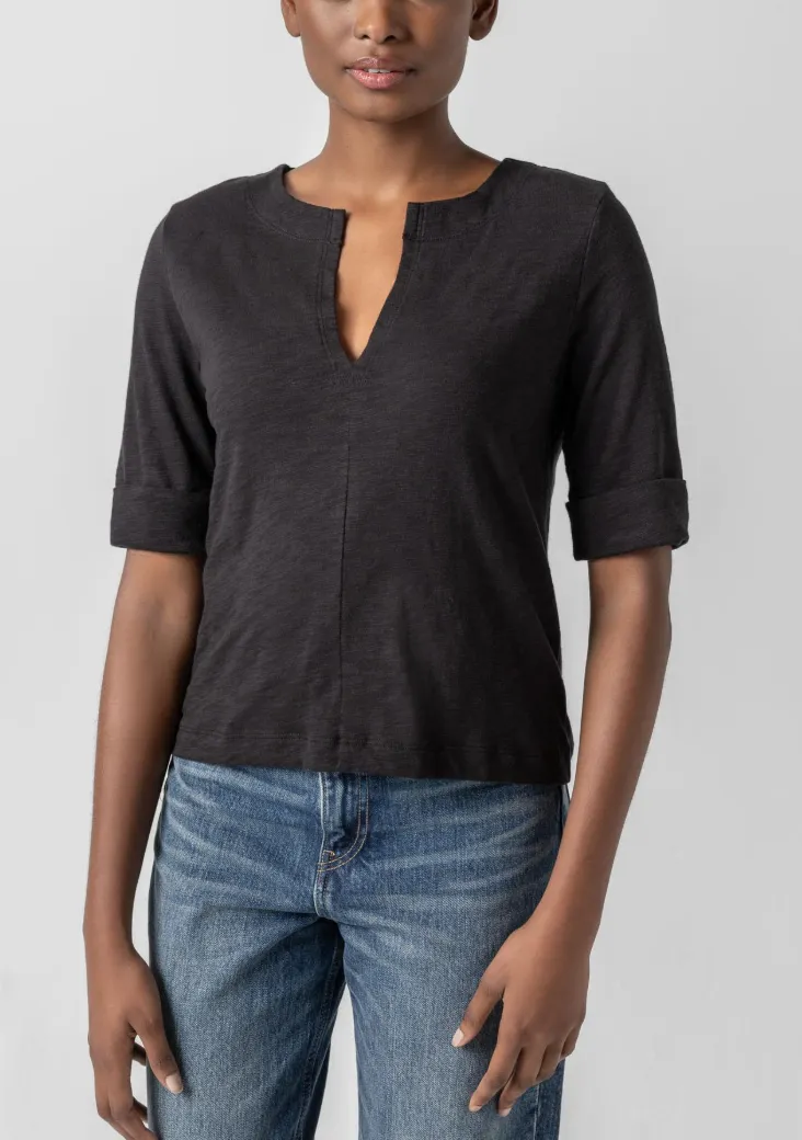 LILLA P CUFFED SLEEVE SPLIT NECK