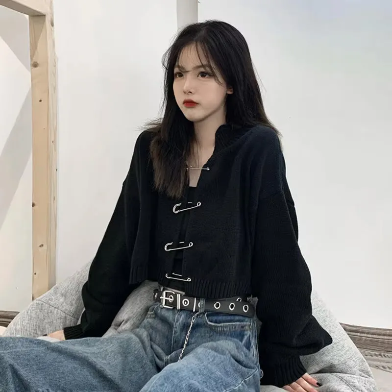 Long Sleeve Big Pin Buckle Cardigan Sweater