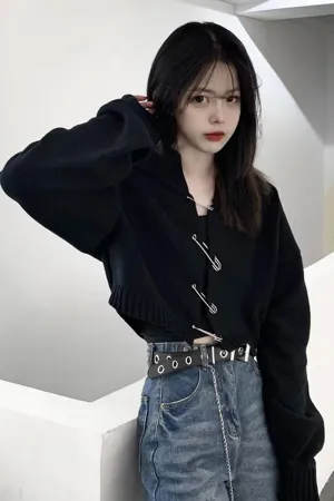 Long Sleeve Big Pin Buckle Cardigan Sweater