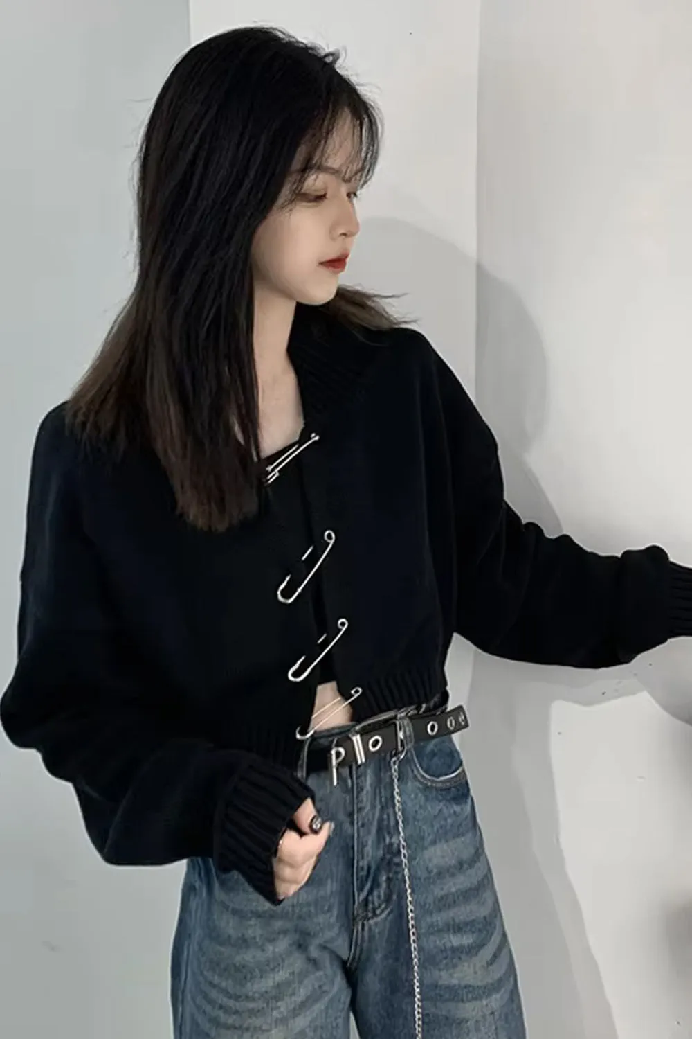 Long Sleeve Big Pin Buckle Cardigan Sweater