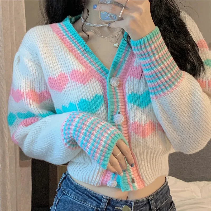 Long Sleeve Cute Colors Heart Crop Cardigan Sweater