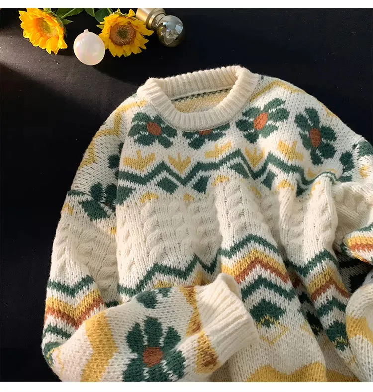 Long Sleeve O-Neck Retro Pattern Knitted Sweater