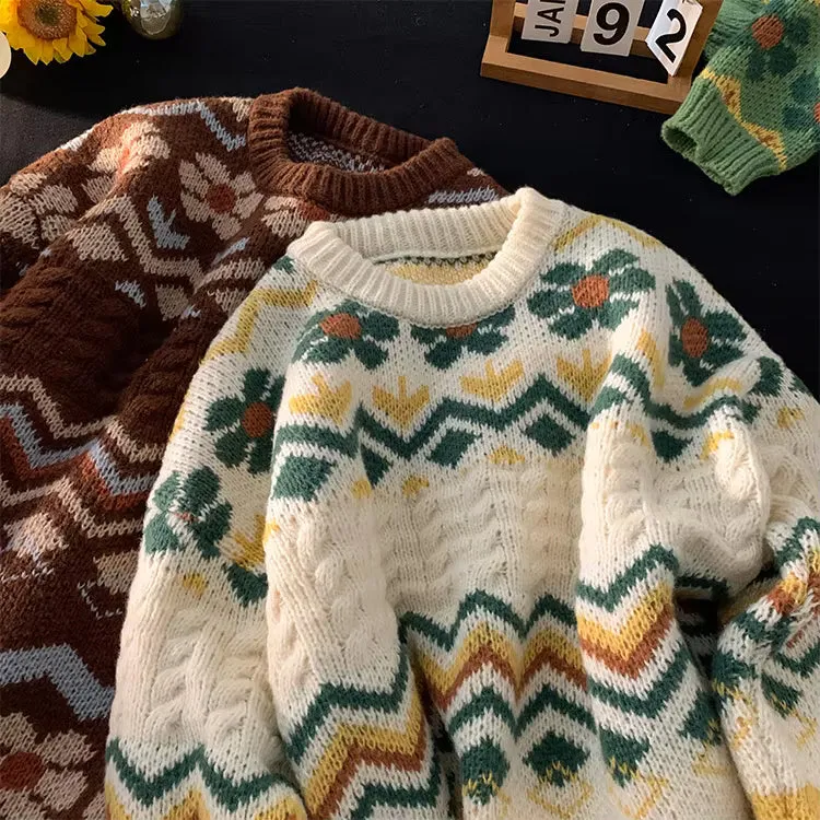 Long Sleeve O-Neck Retro Pattern Knitted Sweater
