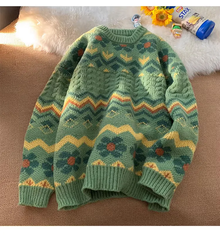 Long Sleeve O-Neck Retro Pattern Knitted Sweater