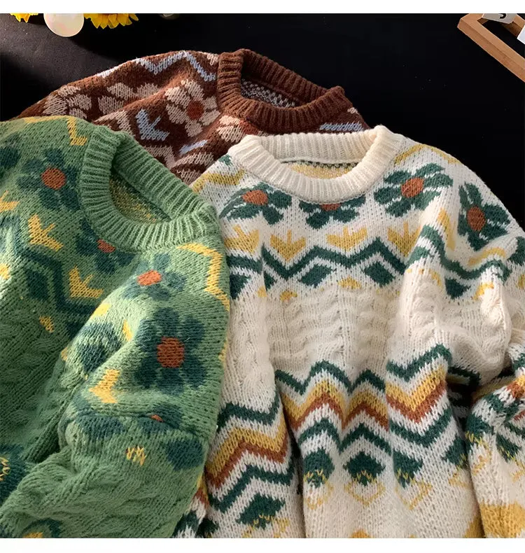 Long Sleeve O-Neck Retro Pattern Knitted Sweater