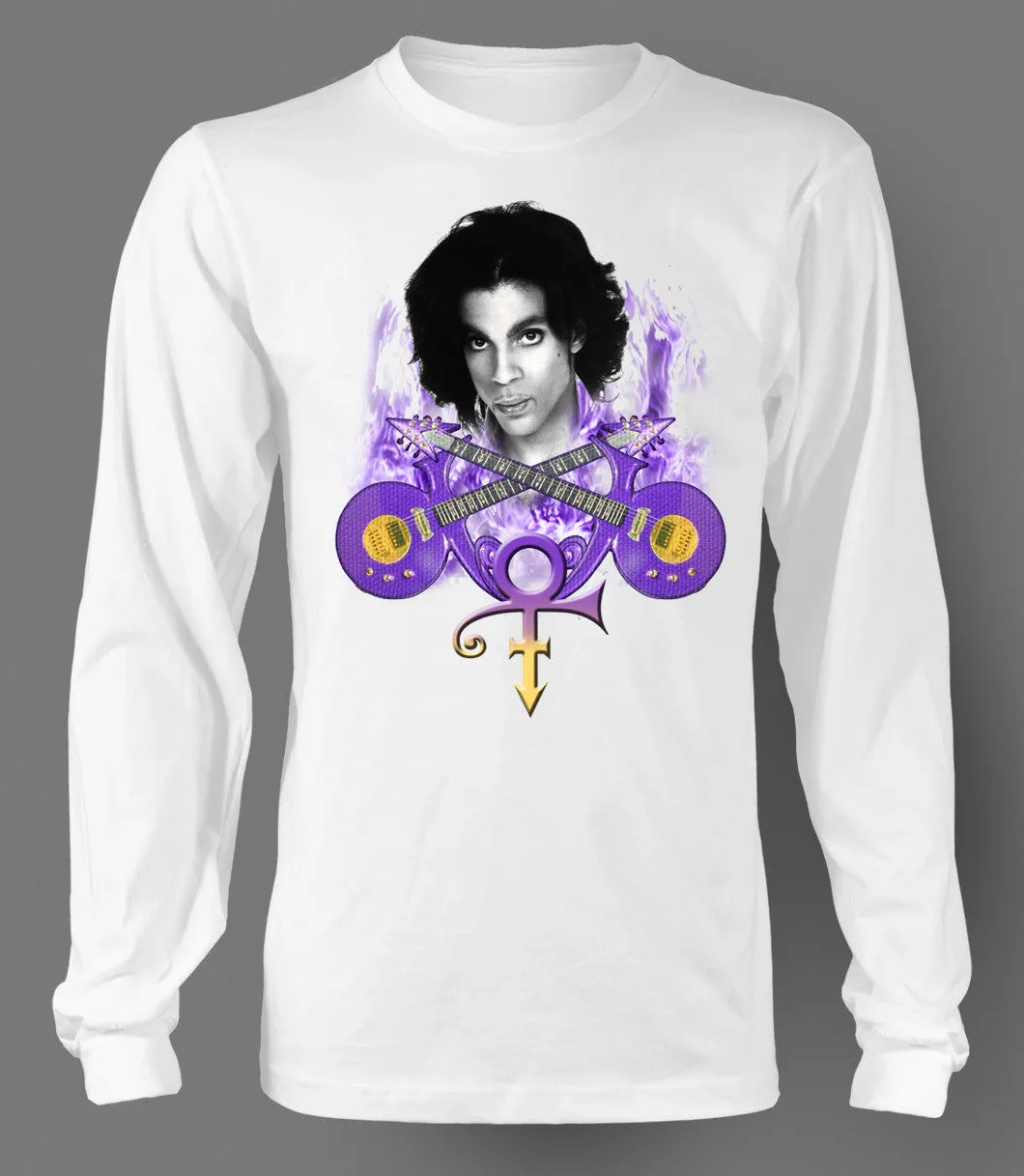 Long Sleeve Prince Vintage 80s Purple Rain Retro Rock Guitar Tour Band Tee