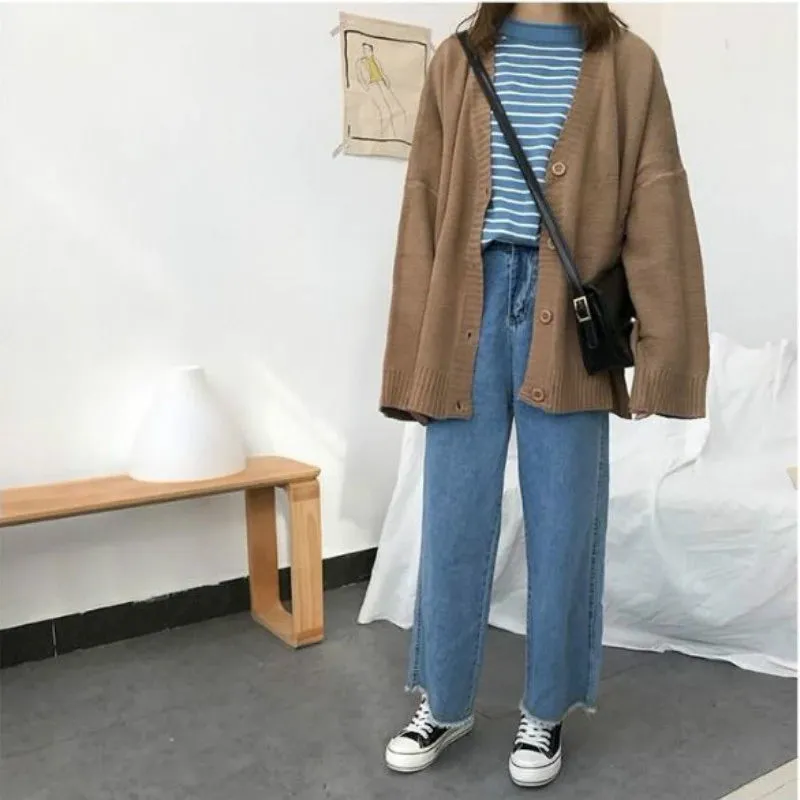 Long Sleeve V-Neck Solid Knitting Cardigan Sweater