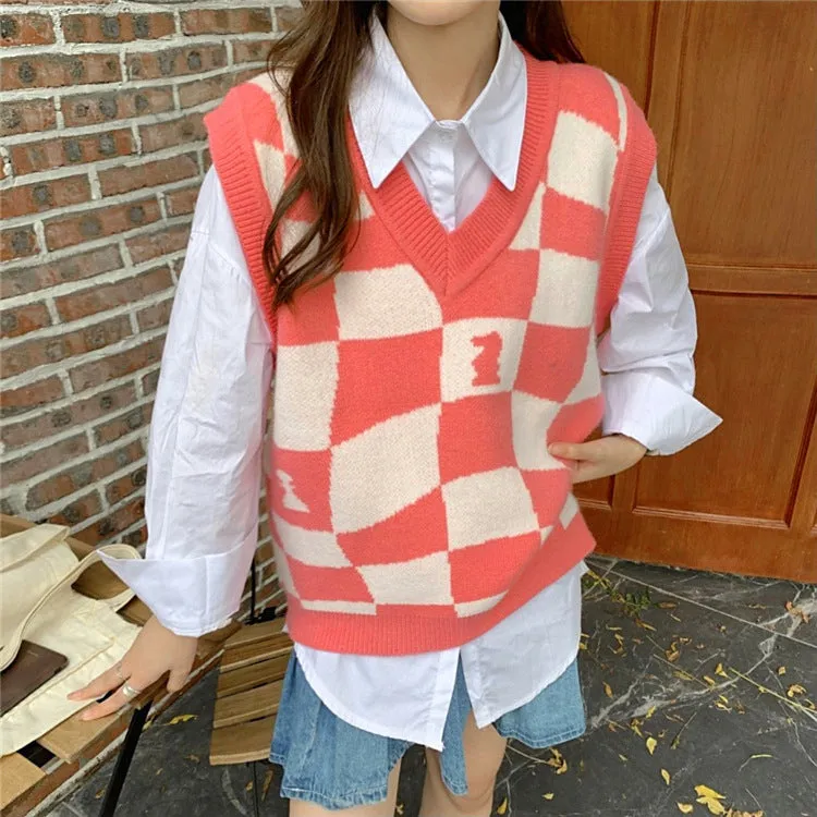 Loose Chess Plaid V-Neck Vest Sweater