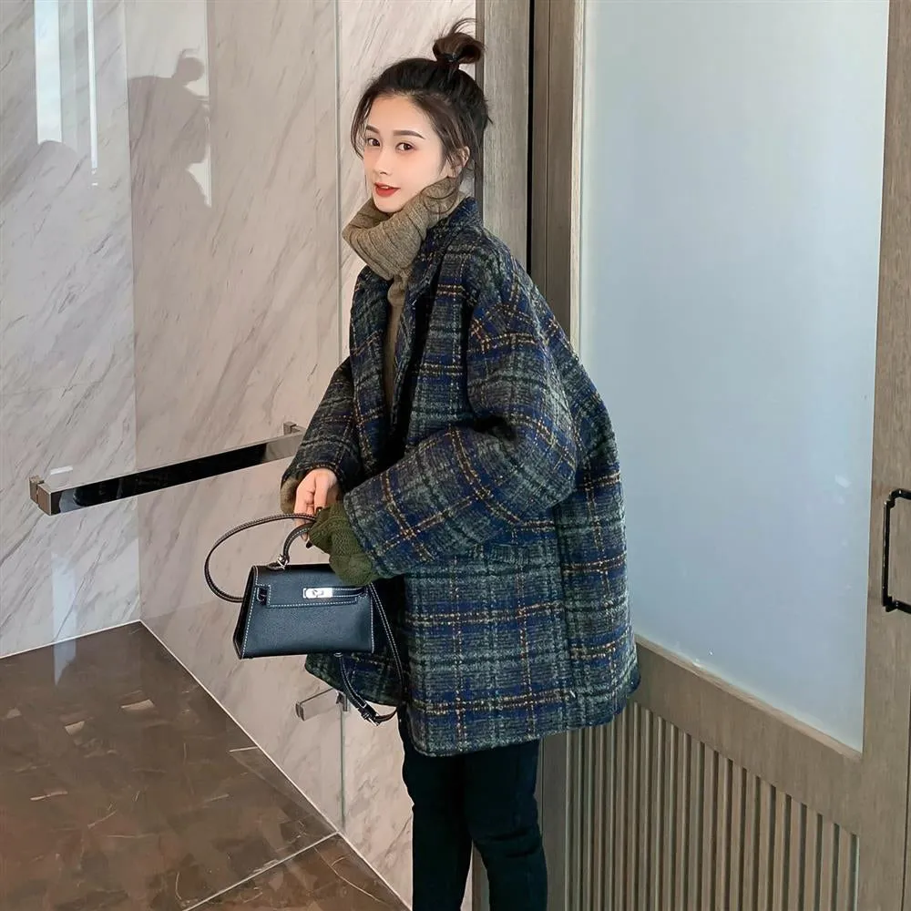 Loose Double Breasted Woolen Plaid Coat Jacket