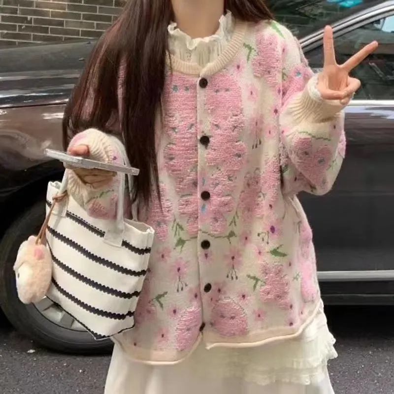 Loose Flocking Flowers Cardigan Sweater