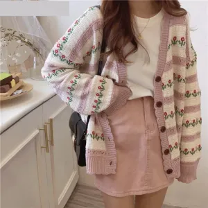 Loose Floral Pattern Knitted Cardigan Sweater