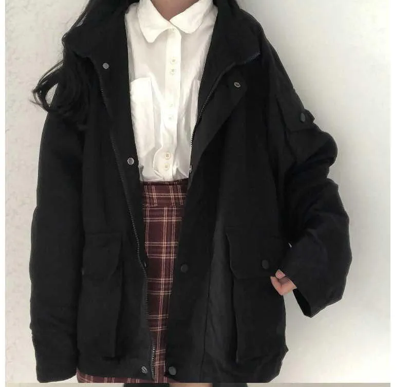 Loose Long Sleeve Solid Cargo Pockets Jacket