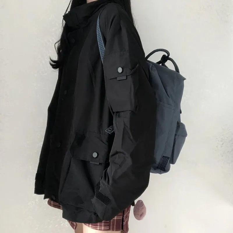 Loose Long Sleeve Solid Cargo Pockets Jacket