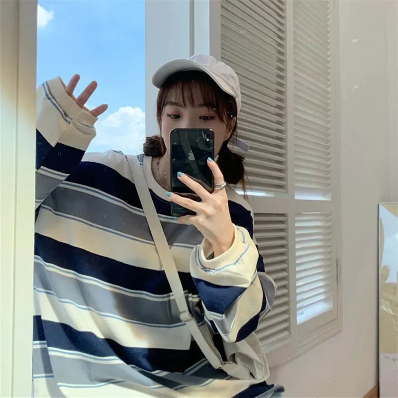 Loose Oversize College Style Striped Long Sleeve Shirt