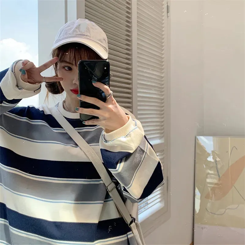 Loose Oversize College Style Striped Long Sleeve Shirt