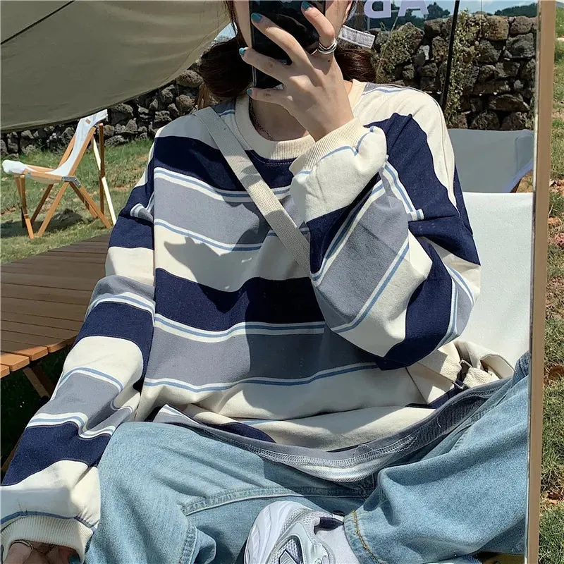 Loose Oversize College Style Striped Long Sleeve Shirt