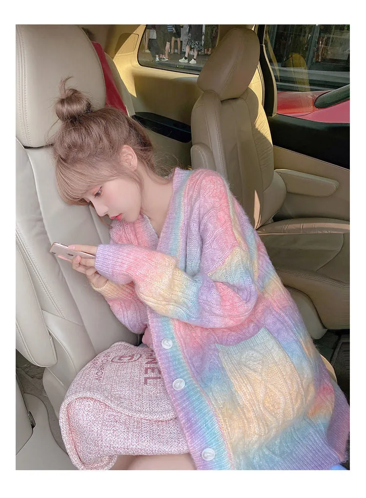 Loose Rainbow Striped Cardigan Sweater
