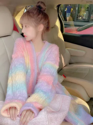 Loose Rainbow Striped Cardigan Sweater