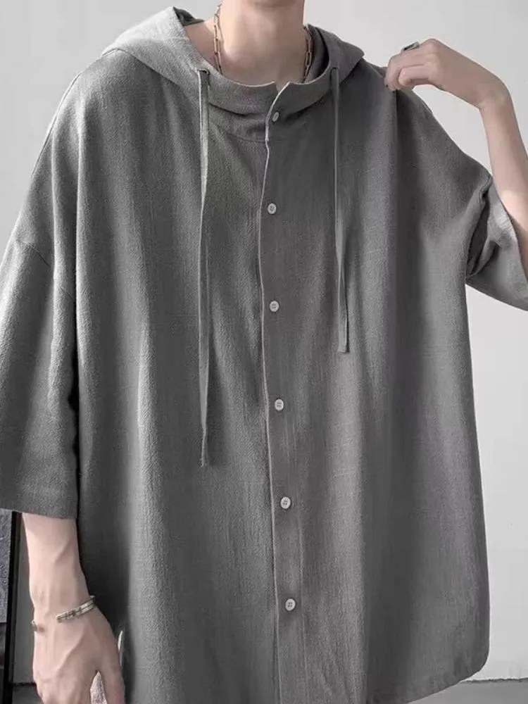 Loose Short Sleeve Hip Hop Men Hooded Shirt