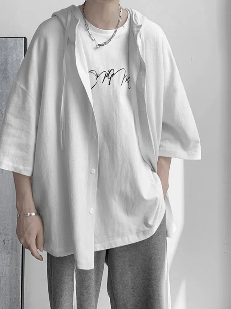 Loose Short Sleeve Hip Hop Men Hooded Shirt