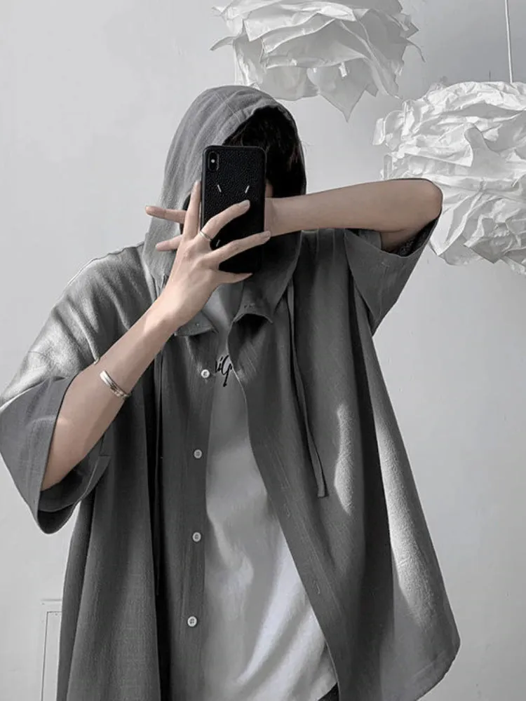 Loose Short Sleeve Hip Hop Men Hooded Shirt