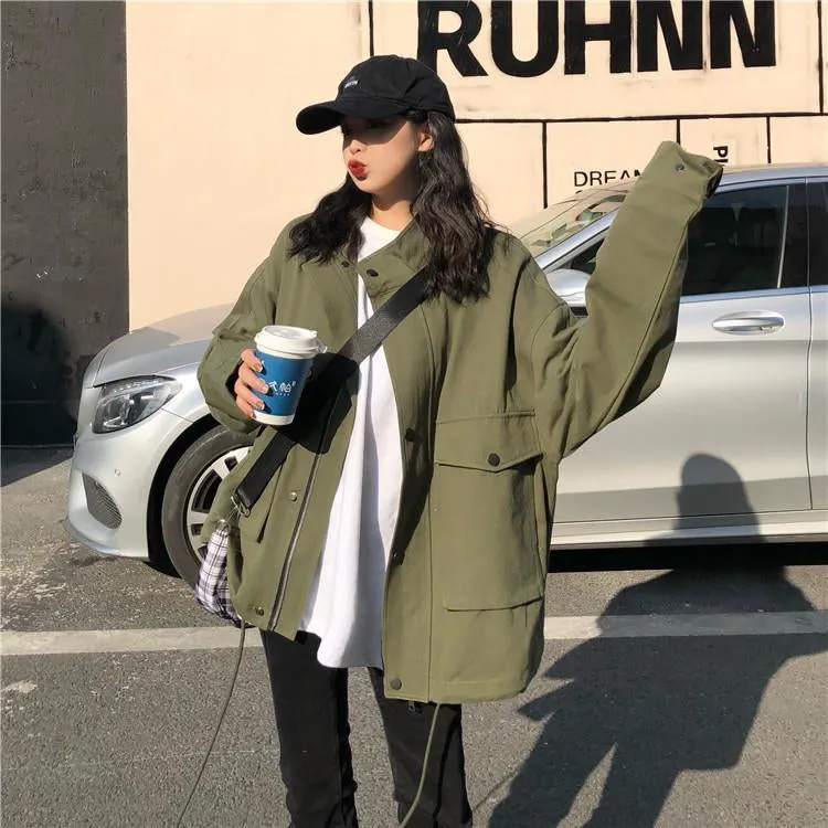 Loose Stand Collar Cargo Windbreaker Jacket