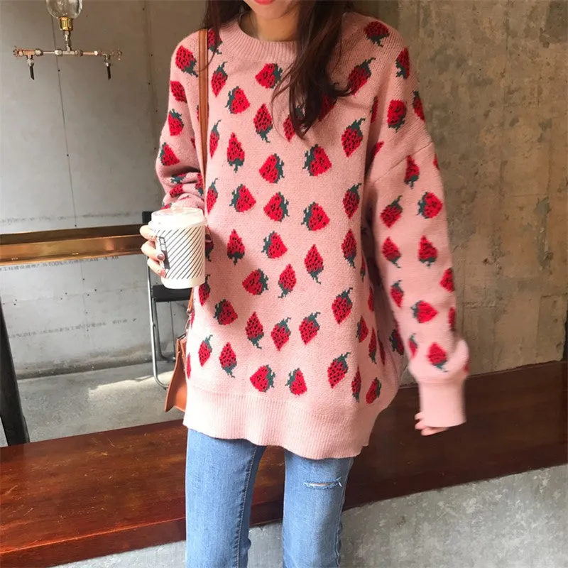 Loose Strawberries Pattern Sweet Sweater