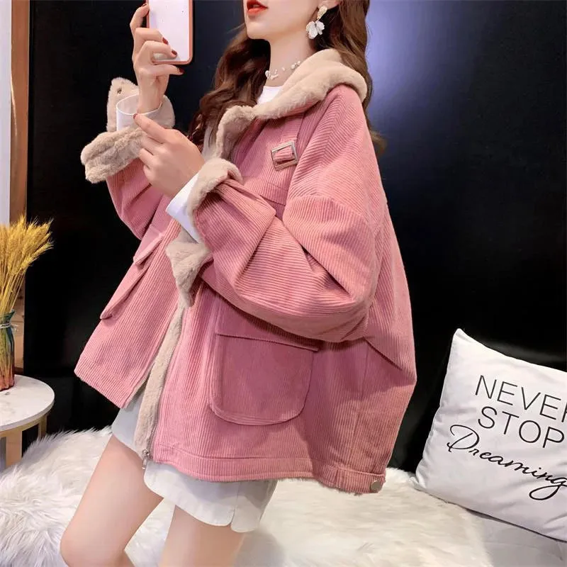 Loose Wool Thicken Zipper Corduroy Jacket